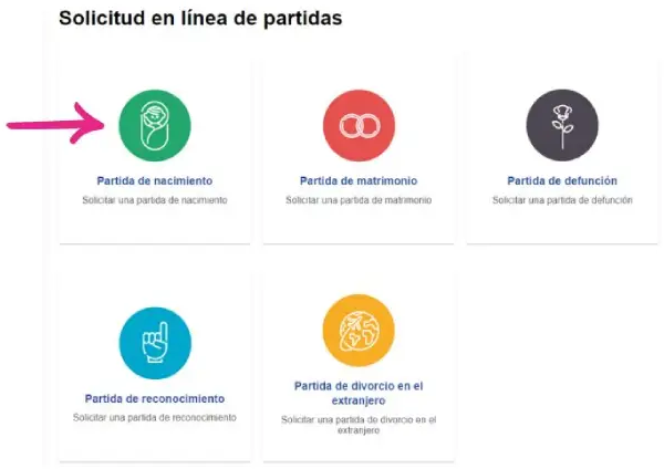 Una captura de pantalla de la página web oficial para solicitar partidas digitales