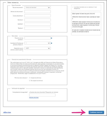 Completar datos para agendar la solicitud de partidas en el registro civil de Uruguay