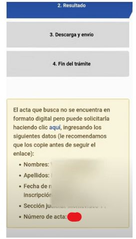 Una captura de pantalla de la página web oficial para solicitar partidas digitales